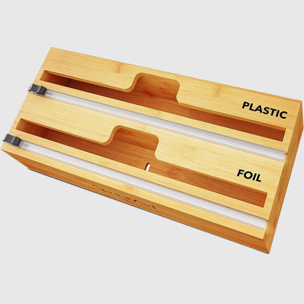 WrapNeat Bamboo Wrap Organizer with Cutter Bamboo Dispenser for Kitchen