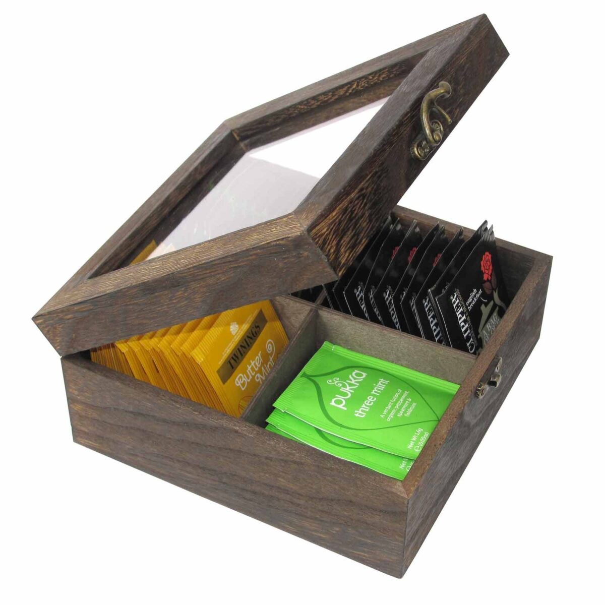 4 Compartment Rustic Dark Brown Wooden Tea Coffee Storage Box with