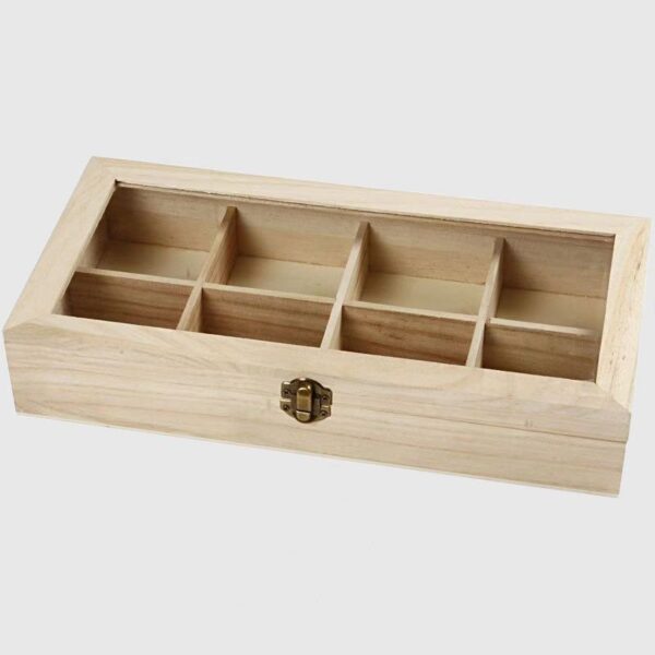 8 Compartment Wooden Tea Box Storage Box with Glass Lid
